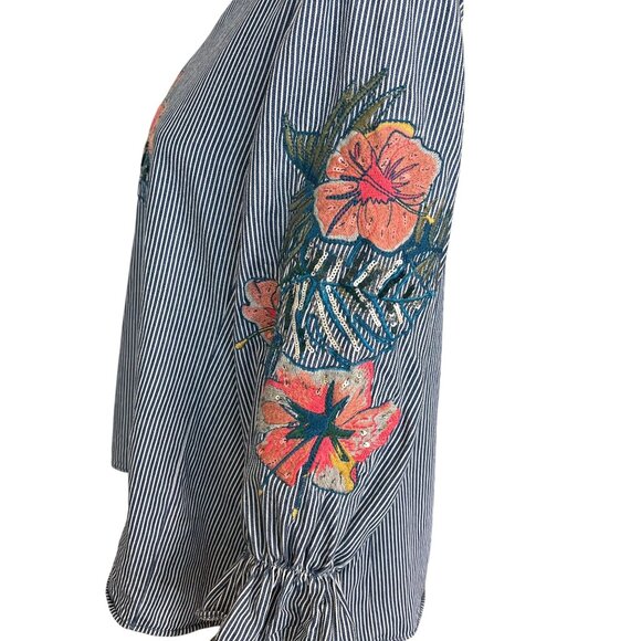 Zara Blue White Striped Embroidered Top Ruffle Sleeve Sequin Detail Medium - Picture 6 of 10